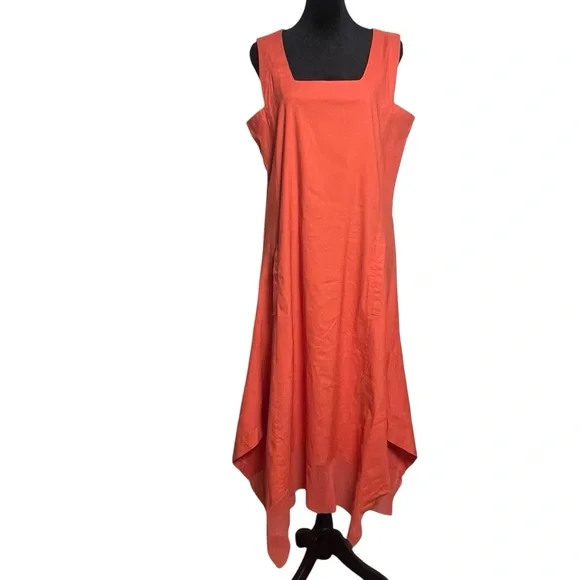 For Cynthia Linen Blend Coral Asymmetrical Sleeveless Square Neck Dress — L - Picture 6 of 11